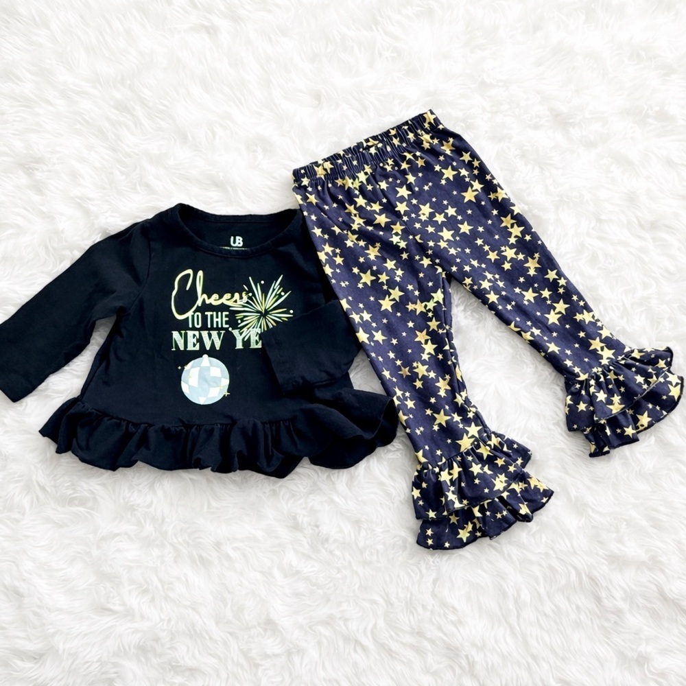 Unique Baby Girls Star Bell Bottom Outfit Black Ruffle Top Gold Star Pants  18M